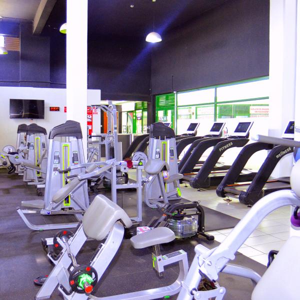 Rows of modern cardio and strength equipment on the Zoezi gym floor